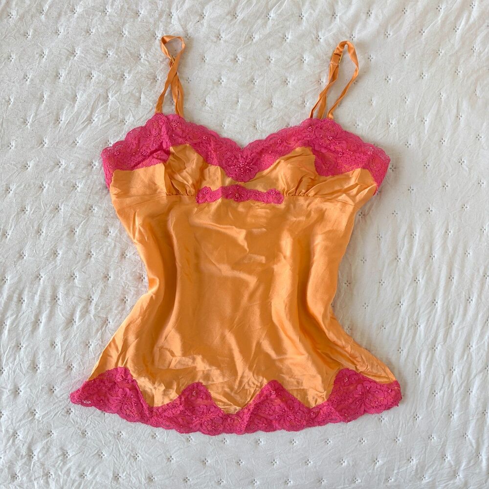 y2k vintage coquette pink + orange satin lace cami babydoll top 🎀🧡